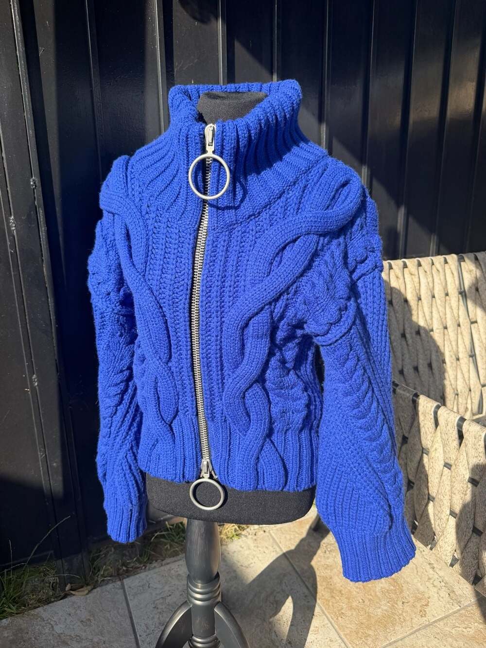 Off-White Virgil Abloh Cobalt Blue Virgin Wool Blend Cable Knit Zip-Up Sweater